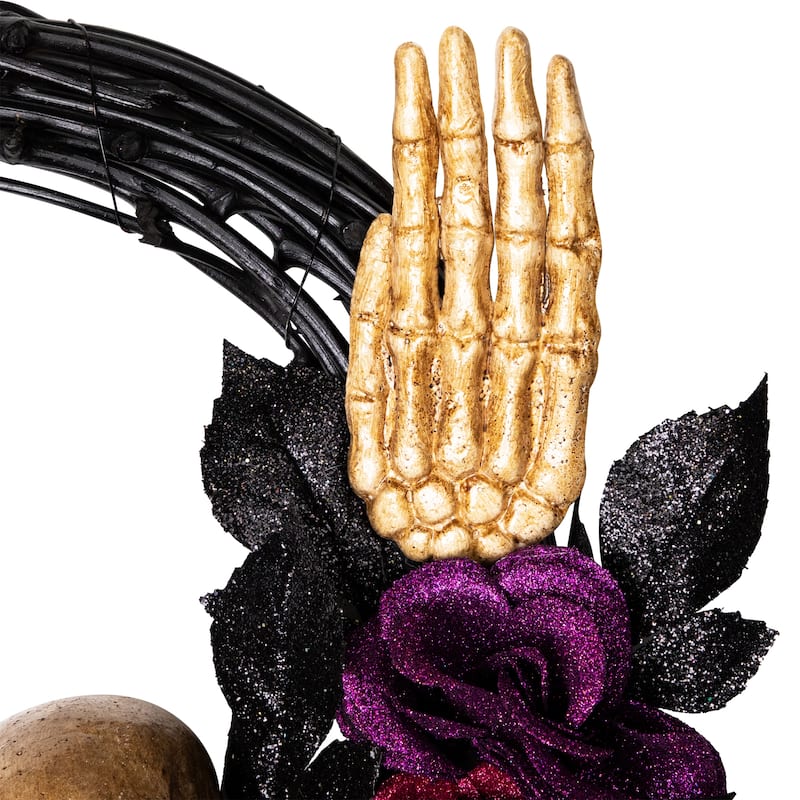 Skull With Hands Purple Roses Halloween Twig Wreath, 22-Inch, Unlit