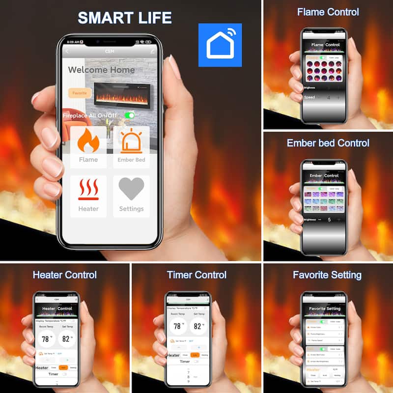 50" -60" WiFi-Enabled Electric Fireplace, Recessed in-Wall and Wall-Mounted Heater