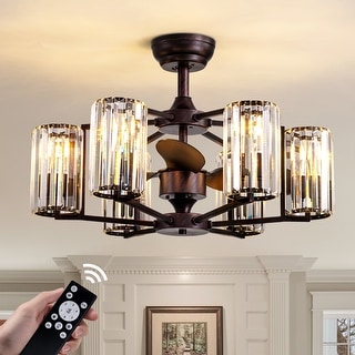 6-Light Smart Crystal Column Caged Ceiling Fan Light - 27 inch-6 Lights
