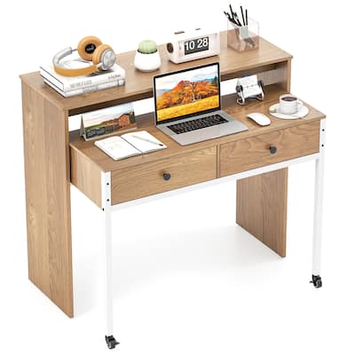 Gymax Extendable Computer Desk w/ 2 Storage Drawers & Monitor Shelf