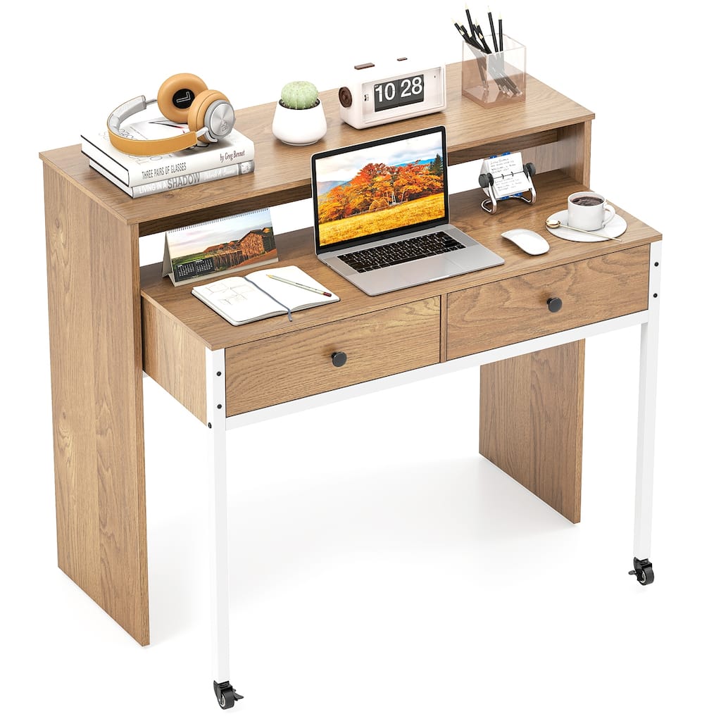 Gymax Extendable Computer Desk w/ 2 Storage Drawers & Monitor Shelf