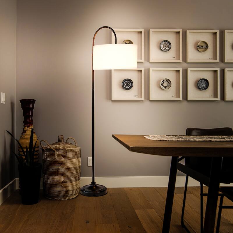 Brightech Nora 68 in. Classic Black Mid-Century Modern Height Adjustable LED Floor Lamp with White Fabric Drum Shade