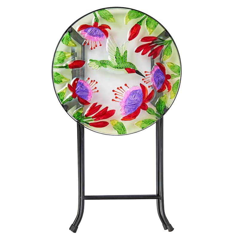 14" Folding Glass Round Table with Flowers and Hummingbirds
