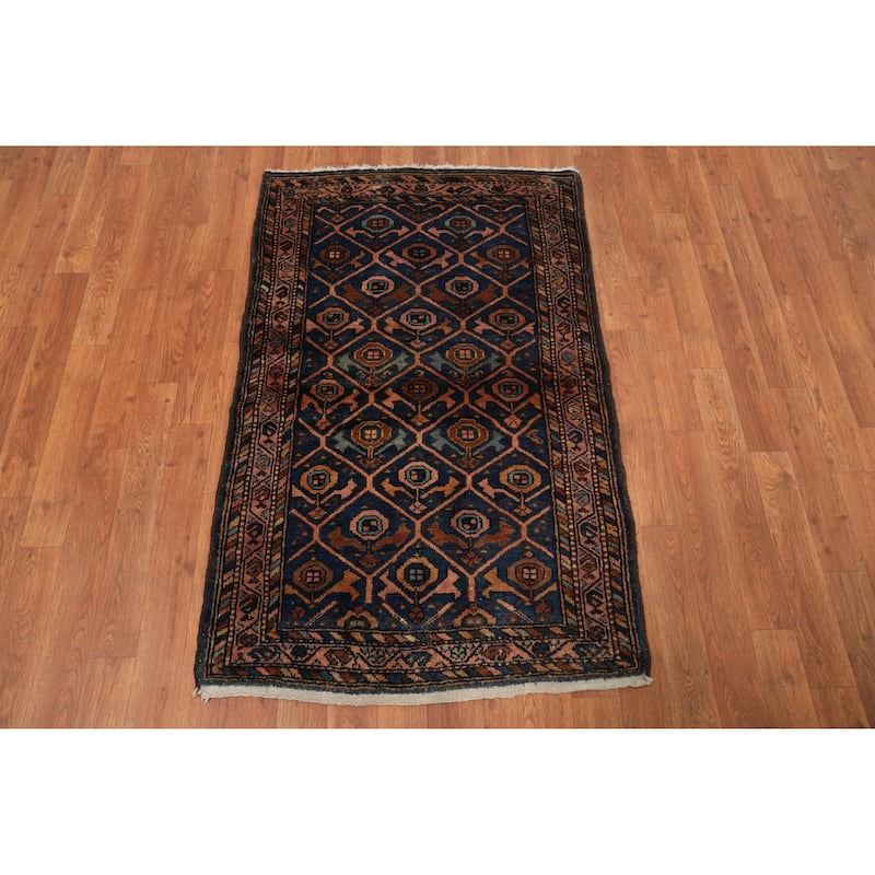 Hand Knotted Oriental 100% Wool Carpet Traditional Geometric Navy Blue & Blues Malayer Area Rug - 4' 1'' X 2' 7''