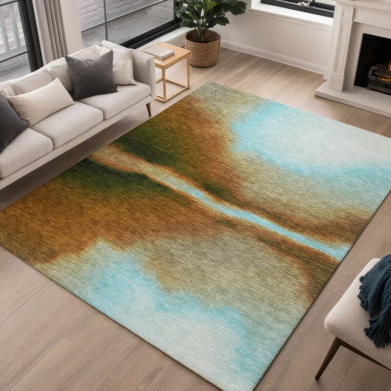 Machine Washable Indoor/ Outdoor Modern Landscape Chantille Rug