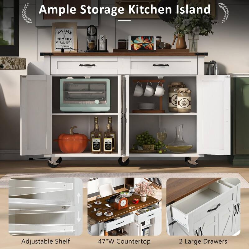 53.5" Rolling Farmhouse Kitchen Island Cart with Drop Leaf, Charging Station, Storage Cabinet, Spice Rack, and Drawer
