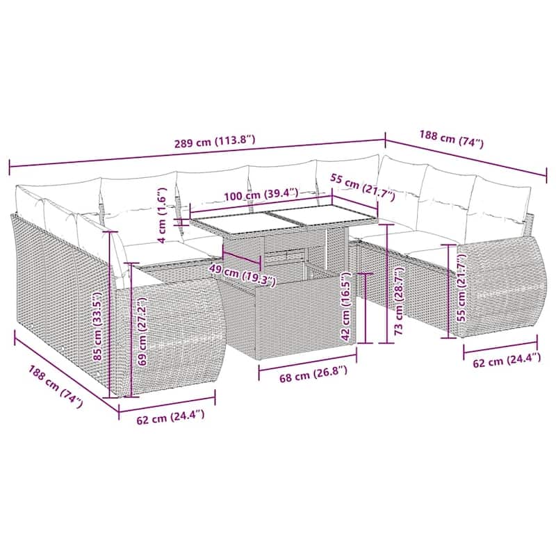 vidaXL Patio Sofa Set with Cushions Outdoor Furniture 10 Piece Poly Rattan - 21.7 x 39.4 x 28.7