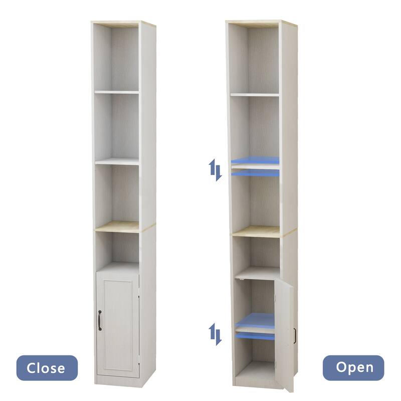 72"Tall Slim Storage Cabinet, 6-Tier Narrow Freestanding Cabinet with 1 Door and 2 Adjustable Shelves, Bookcase Display Shelves