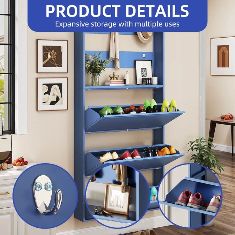 Moasis Wall-Mounted Shoe Cabinet with 3 Flip Drawers, Shoe Organizer with Hanging Bars and Hooks