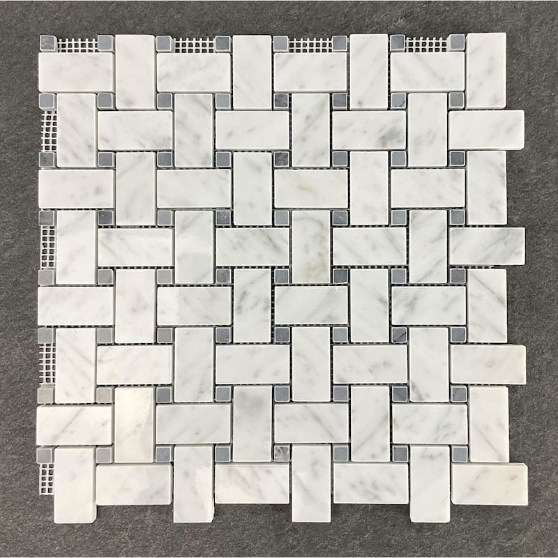 White Carrara 1" x 2" Basketweave Marble Mosaic Tiles - Case (10 Sheets)
