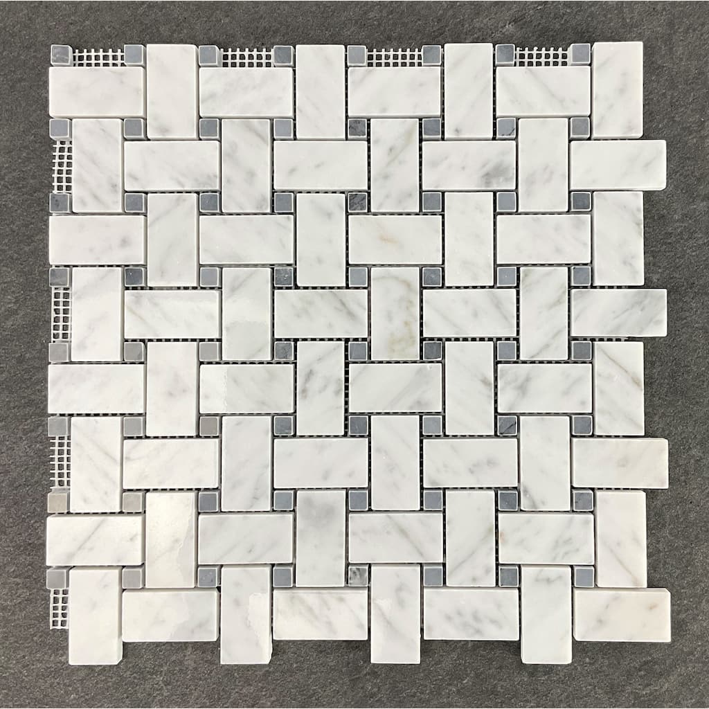 White Carrara 1" x 2" Basketweave Marble Mosaic Tiles - Case (10 Sheets)