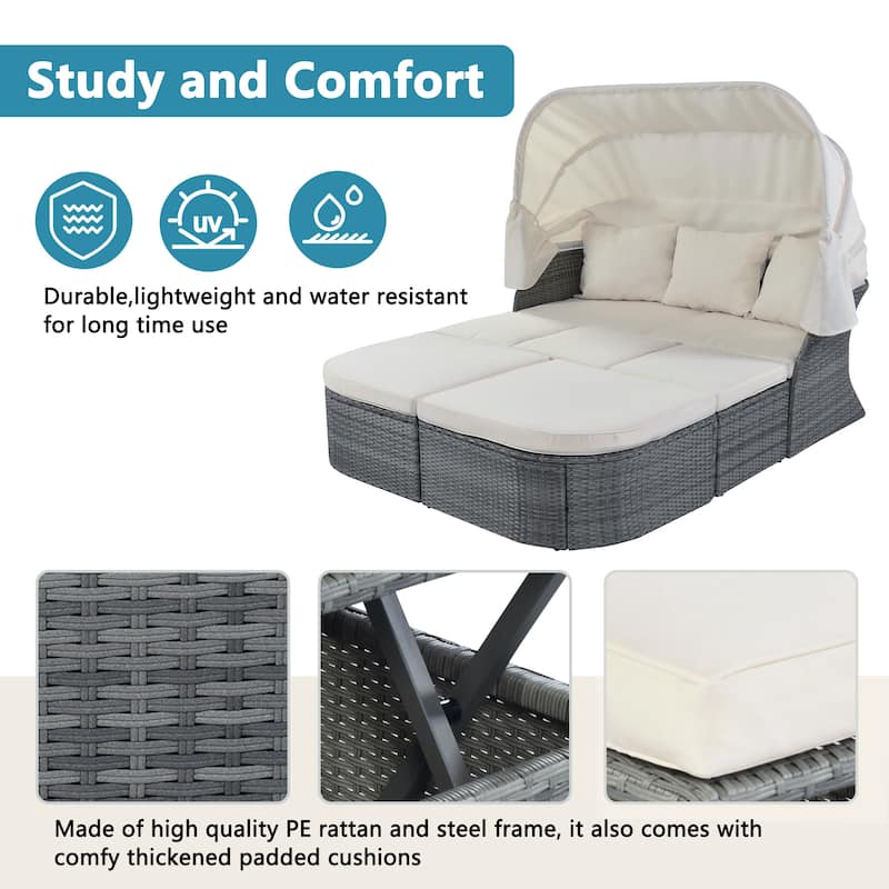 6-Pieces Outdoor Patio Rattan Round Daybed Sunbed Set with Retractable Canopy and Lift Table