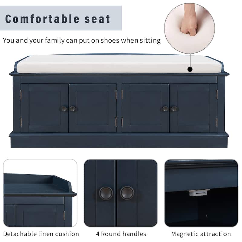 Entryway Storage Bench with 4 Doors and Adjustable Shelves, Shoe Bench Shoe Cabinet Storage Ottoman with Removable Seat Cushion