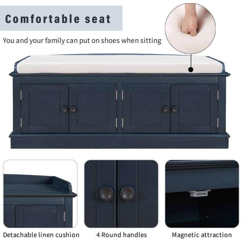 Storage Shoes Bench with 4 Doors and Adjustable Shelves, Removable Cushion