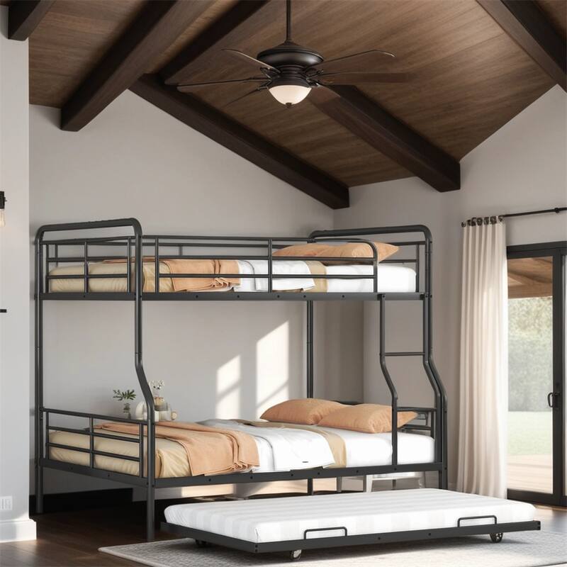Modern Full XL Over Queen Metal Bunk Bed with Twin Size Trundle