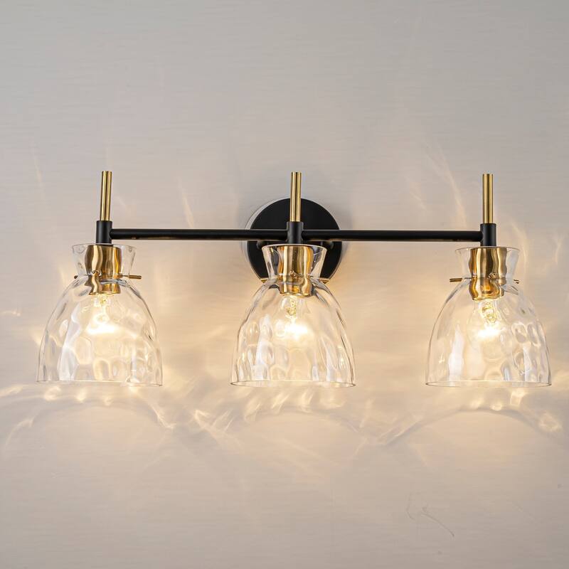 1-Light/3-Light Matte Black and Antique Brass Bathroom Vanity Light with Water-Rippled Glass Shade