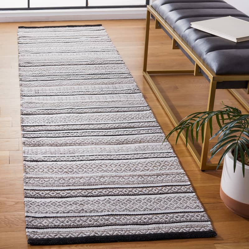 SAFAVIEH Striped Kilim Lavenia Boho Fringe Rug - 2'3" x 9' Runner - Black/Ivory