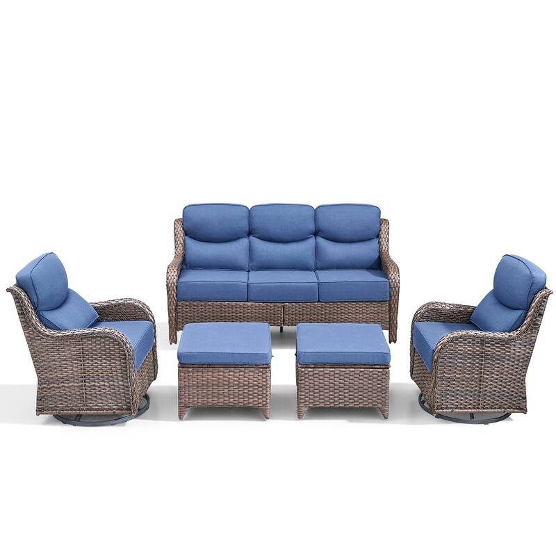Arcadia 5-Piece Wicker Patio Conversation Set with Swivel Gliders and 6-Inch Thick Olefin Cushions