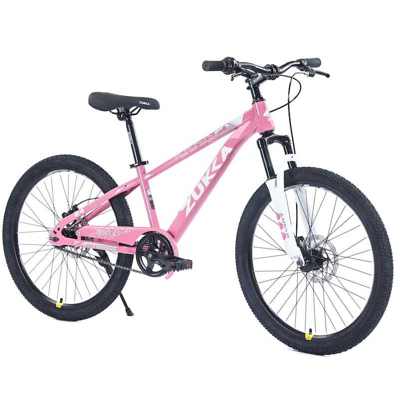 Mountain Cycling Bike 24 Inch Road Commuting Kids Bicycle with Dual Disc Brakes and Shock-Absorbing Fork for Boys and Girls - Pink