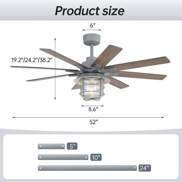 dimension image slide 1 of 5, 52/66-In Farmhouse Style Industrial Windmill Large Ceiling Fan with Light and Remote