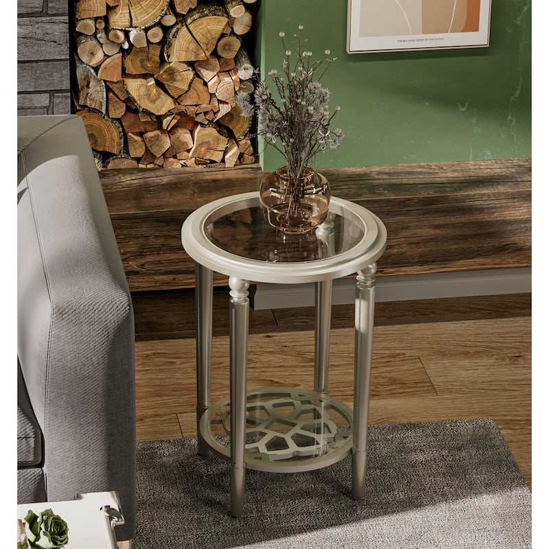 COSIEST Champagne Round Solid Wood Tempered Glass Coffee Table - 18.7"W x 18.7"D x 26.4"H