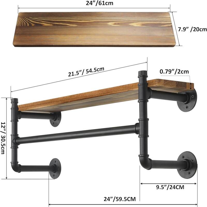 Wall Mounted Clothes Rack with Shelf - 9.45"D x 24"W x 12"H