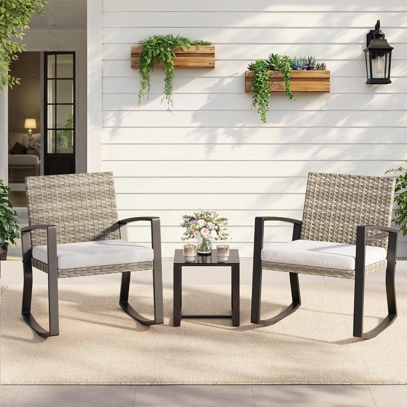 3 Pieces Wicker Patio Set with Cushion Outdoor Chair Set with Glass Table Rattan Chair Modern Bistro Set