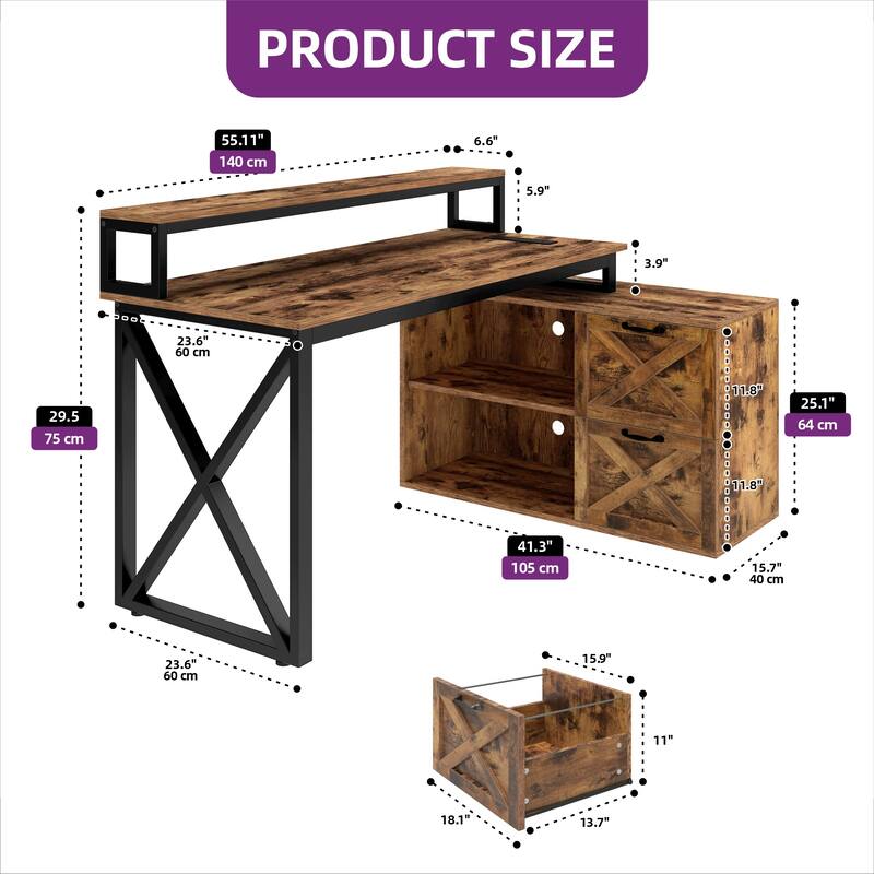 Moasis 55" L Shaped Computer Desk LED Lights Office Desk with File Cabinet
