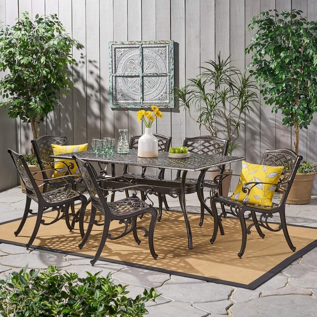 Ravenna 6-Person Bronze Aluminum Patio Set - Rectangular Dining Table with Floral Lattice