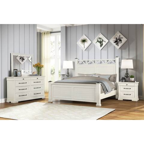 Roundhill Furniture Laria Antique White Finish Wood Panel Bed with Dresser, Mirror, and Two Nightstands