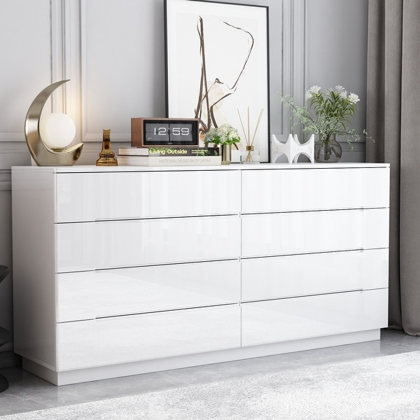 8 Drawer Double Dresser Dresser w/High Gloss Drawers Dual Chest