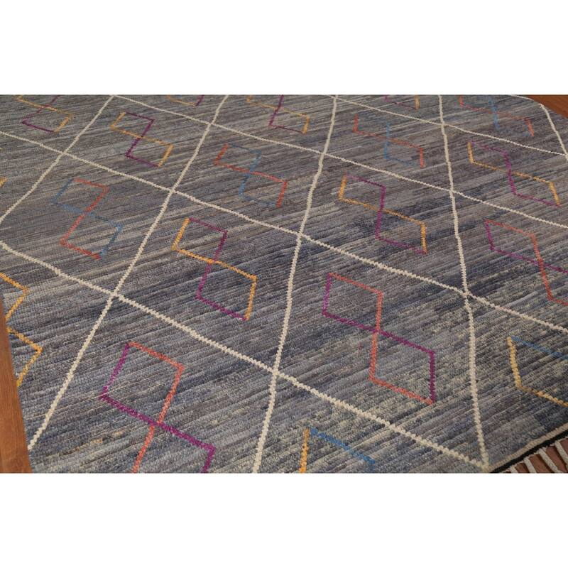 Gray & Blue Trellis Moroccan Area Rug Hand-Knotted Wool Carpet - 8'10"x 12'7"