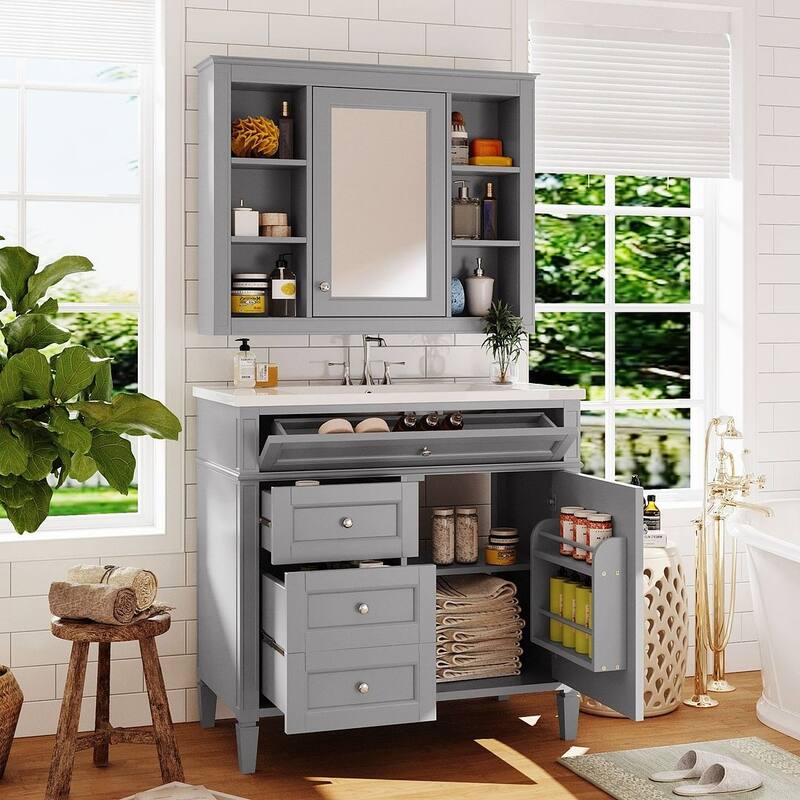 36" Modern Bathroom Vanity with Sink and Medicine Cabinet,2 Soft Closing Doors and 4 Drawers
