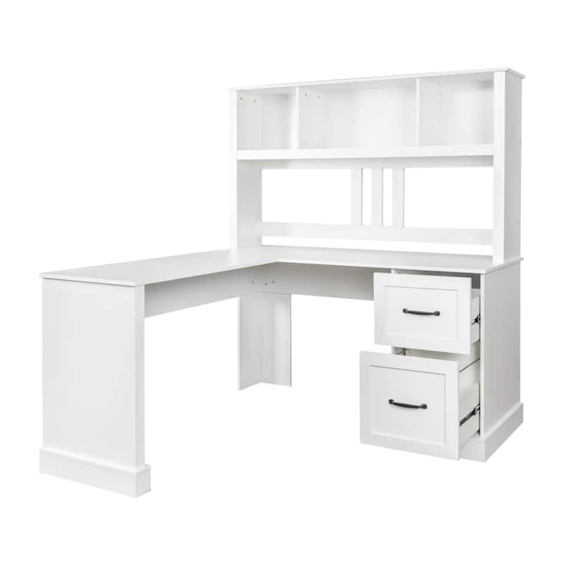 Wood Computer Desk with Hutch, L-Shaped Office Desk with Bookshelf, Storage Cabinet, Modern Workstation for Office Home