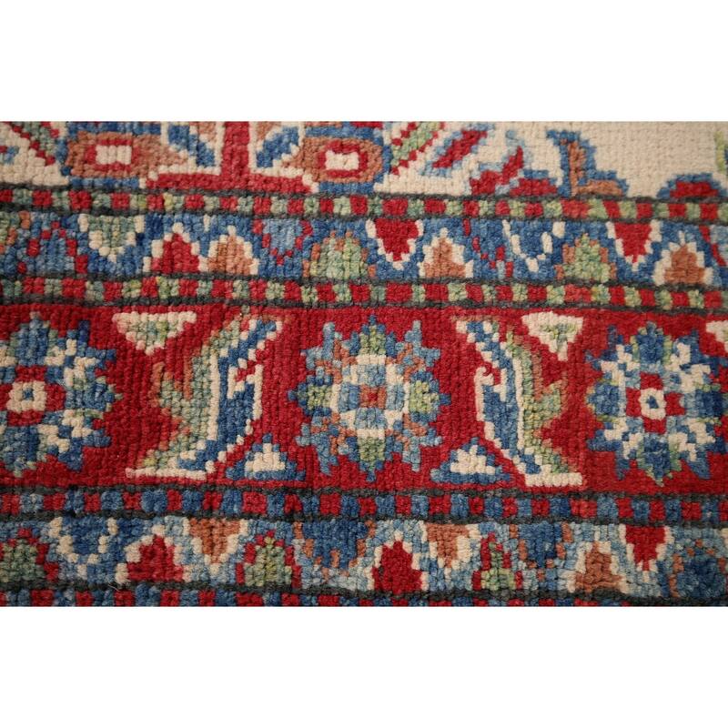 Ivory Geometric Kazak Accent Rug Handmade Wool Carpet - 3'4" x 4'10"