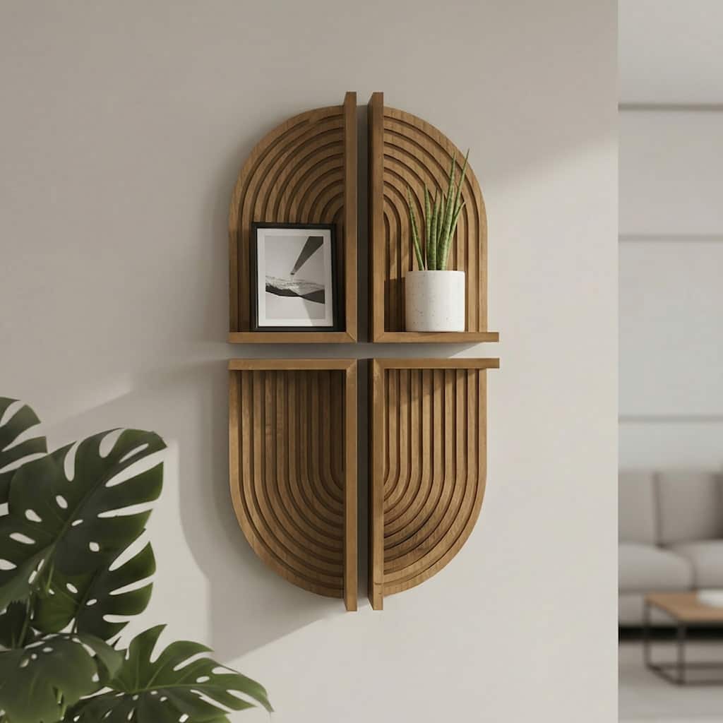 Brown Natural Boho Arched Lunar Ledges 4 Piece Wood Floating Wall Shelf with Fluted Design - 6" H x 12" L x 4.75" D