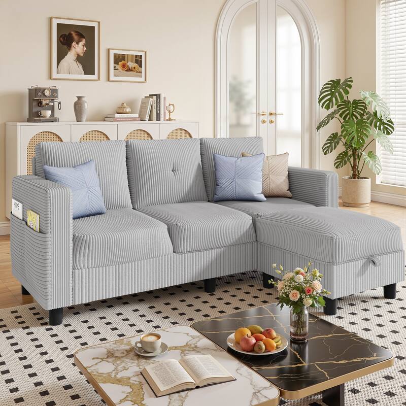 76'' Modern L-Shaped Sofa Couch with Movable Ottoman & Storage - LightGrey