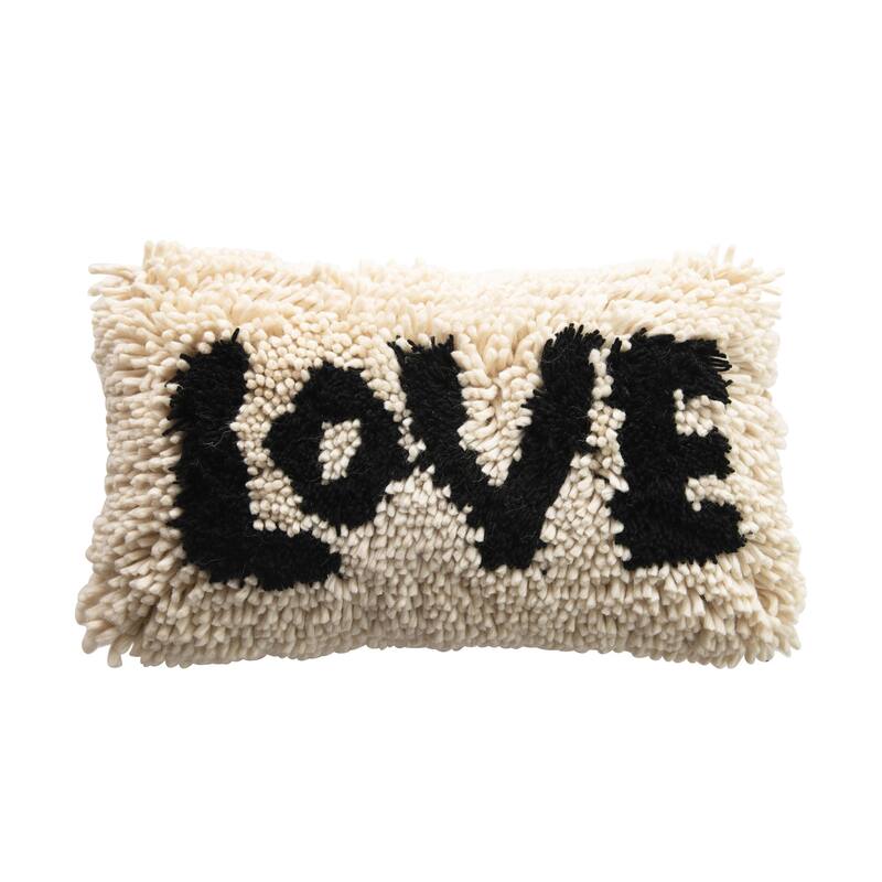 Woven Wool Shag Lumbar Pillow "Love", Black & Cream Color - Accent - Polyester - Cream