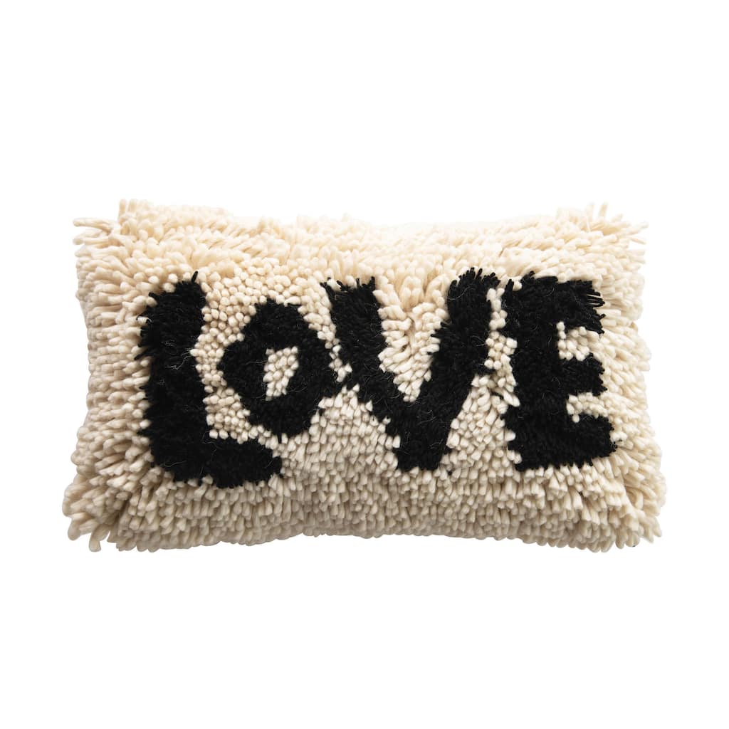 Woven Wool Shag Lumbar Pillow "Love", Black & Cream Color