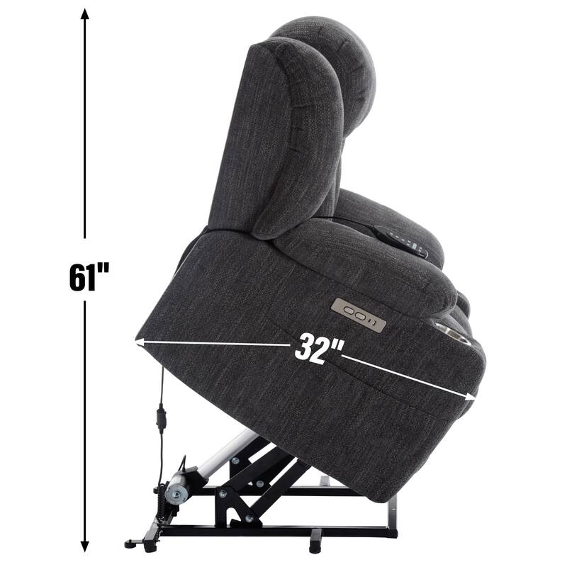 Casual Chenille Power Lift Recliner Chair, Lving Room Single Massage Sofa Chair w/Lumbar Heating, Type-C Ports and Cup Holders