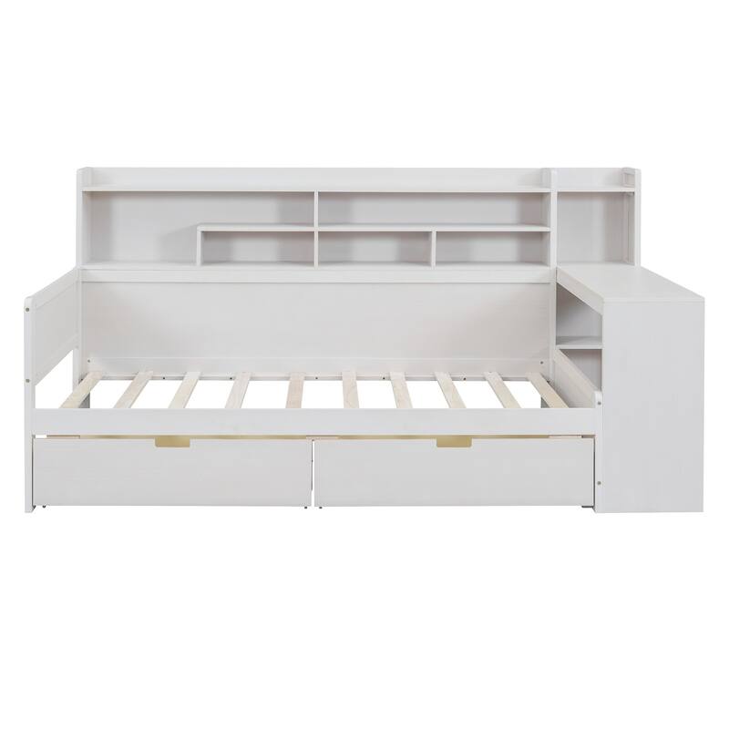 Wooden Twin Size Daybed with Storage Shelves, Multi-functional Bed with Two Storage Drawers and Study Desk