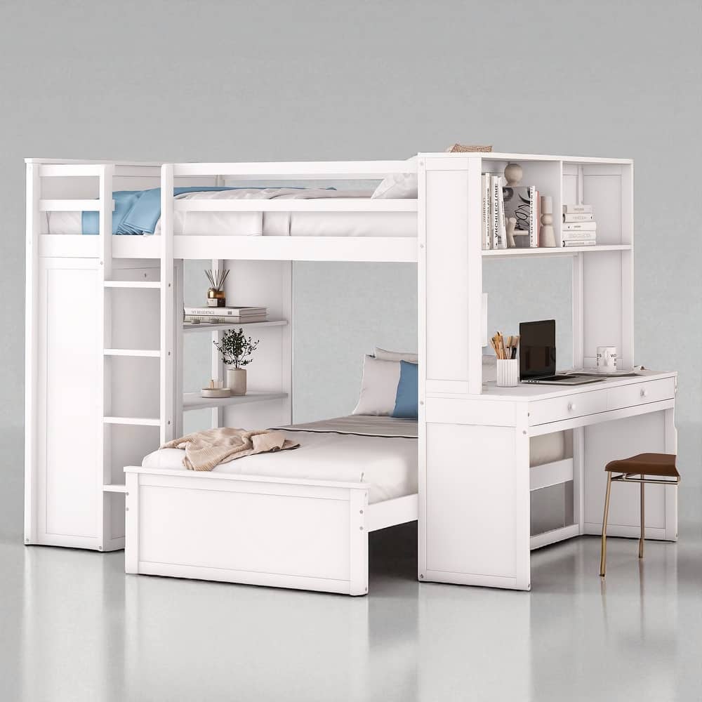 Twin/Full Loft Bed with Stand-Alone Bed, Desk, Shelves & Wardrobe, Wooden Frame with Storage and Guardrail