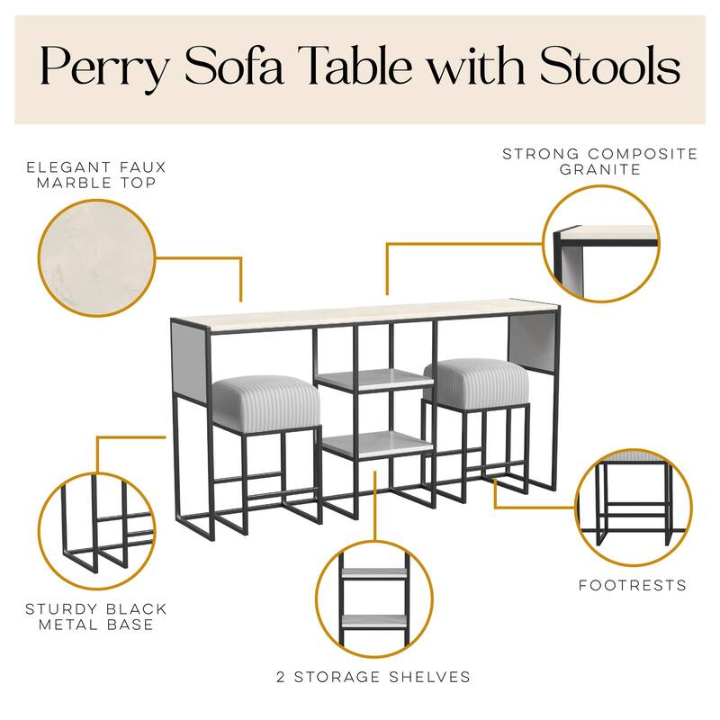 Cortney's Collection Perry Sofa Table with Stools, White and Gray Stripe