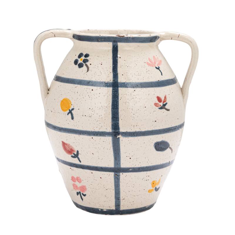 Hand-Painted Terra-cotta Urn with Flowers and Grid Pattern in Crackle Glaze