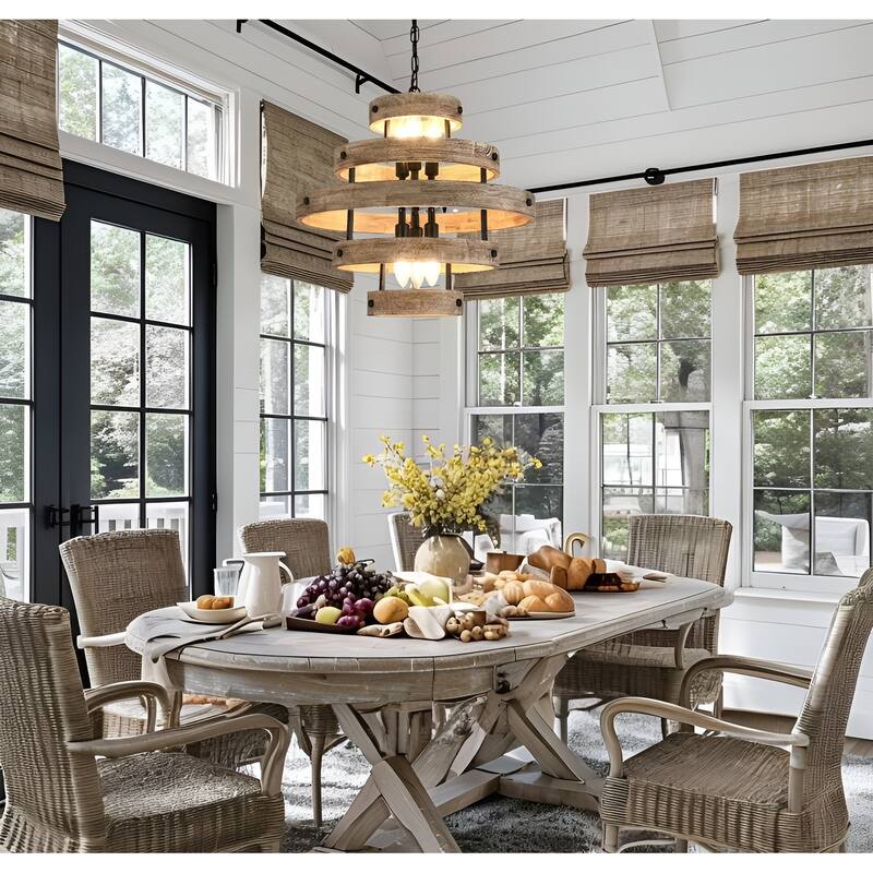 6 Light Wood Lantern Japonese Natural Eco Geometric Ceiling Lamp