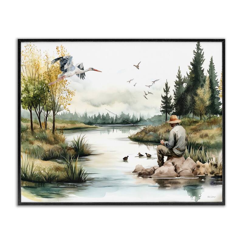 Stupell Fishing by River Landscape Framed Giclee Art Design By Nicole DeCamp - 30 x 24 - Black