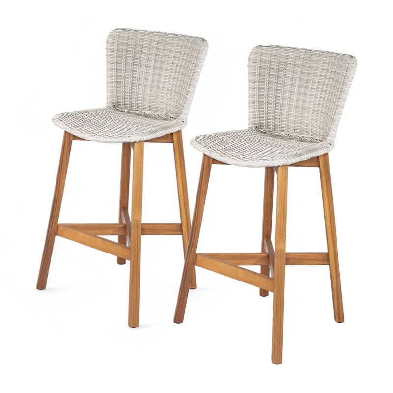 Roomfitters Lymington Outdoor Acacia Wood Barstools with Wicker Seat, Teak Finish and Light Brown Set of 2