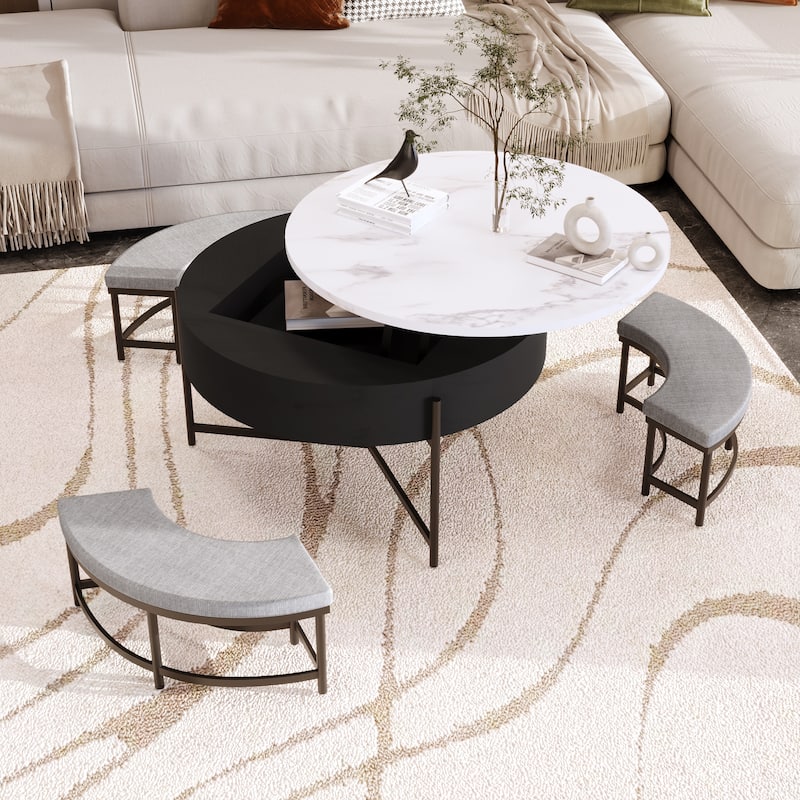 Modern Round Coffee Table Set with Lift-Top, Dining Table Set with Hidden Storage and 3 Ottomans