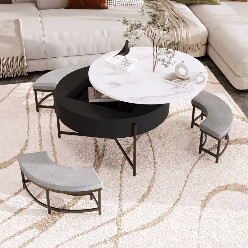 Roomfitters Modern Round Lift-Top Coffee Table with Hidden Storage, 3 Upholstered Ottomans