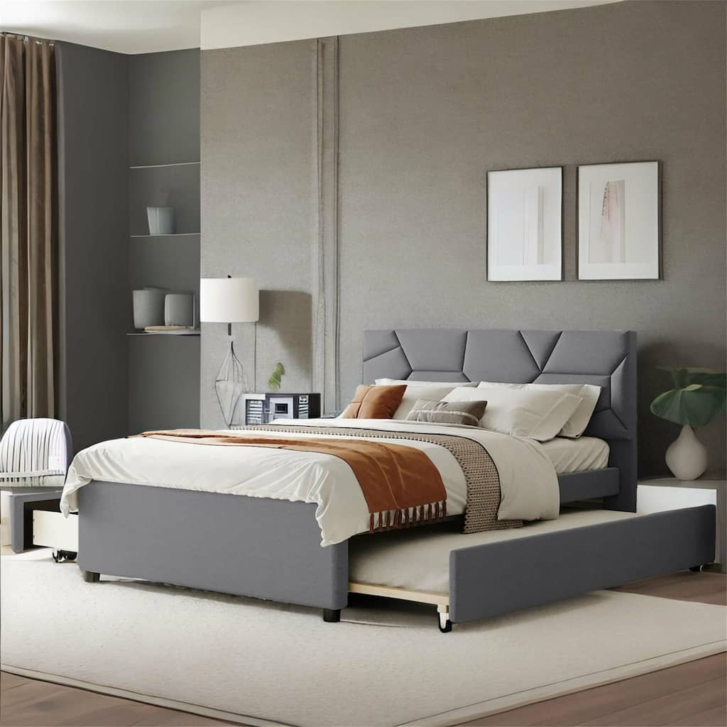 Full Size Linen Platform Bed with Twin Size Trundle and Drawers